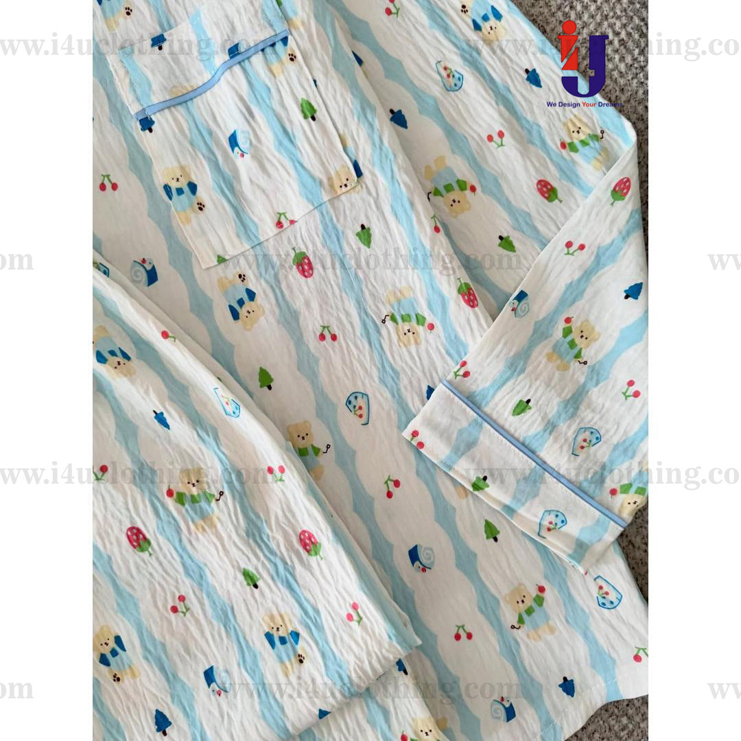 Sky Blue And White Striped Printed Shirt Pyjama Set