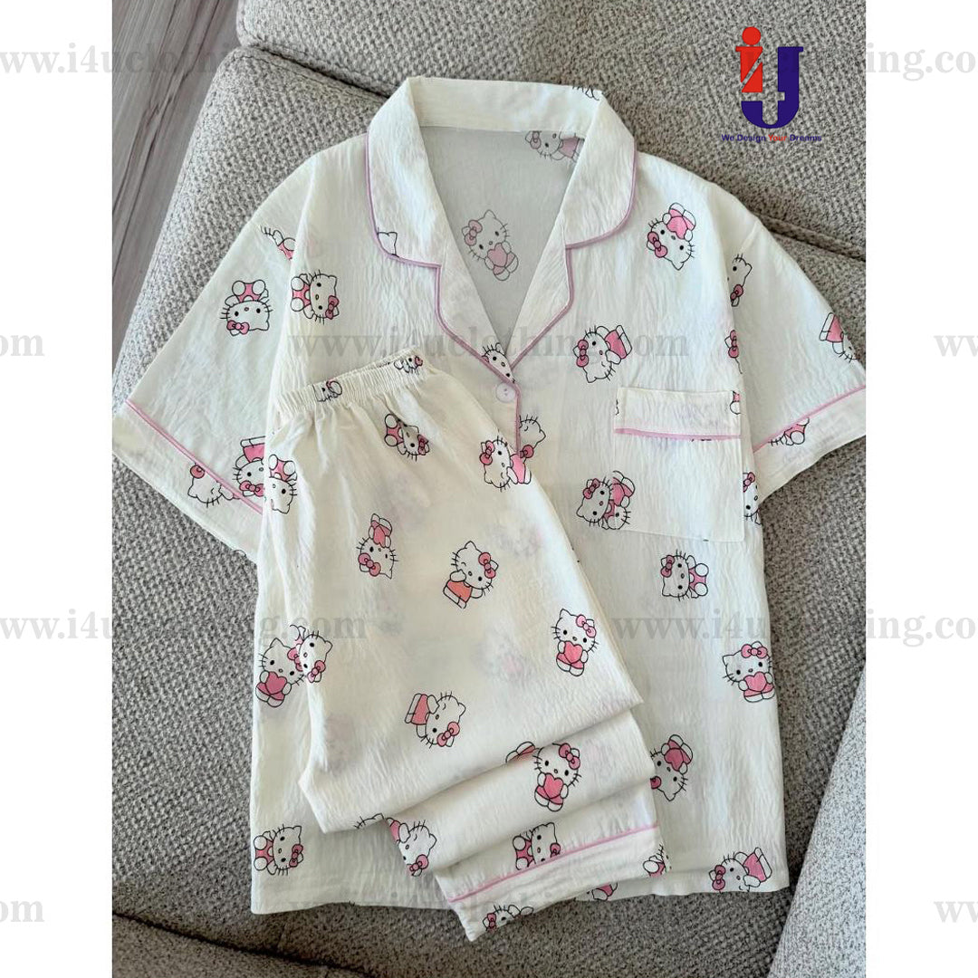 Cartoon Printed Kitty Motifs Shirt Pyjama Set