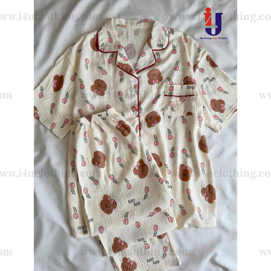 Bear Motifs Floral Accents Printed Shirt Pyjama Set