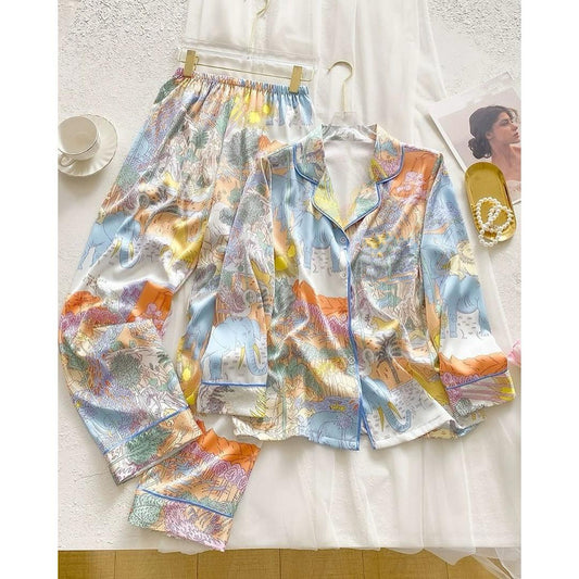 Orange Multi Color Printed Shirt Pyjama Set