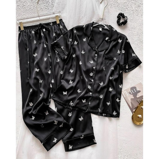 Black Butterfly Printed Shirt Pyjama Set