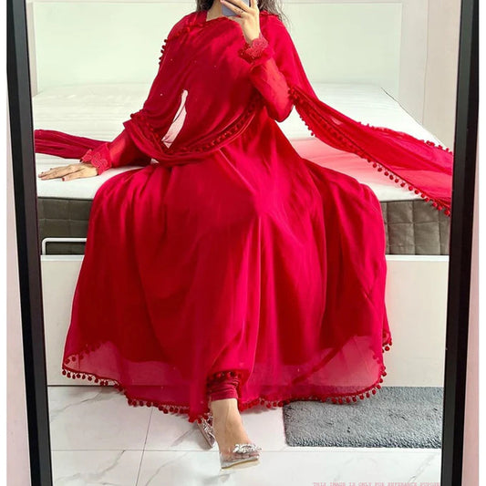 Red Plain Georgette Long Kurtis With Dupatta