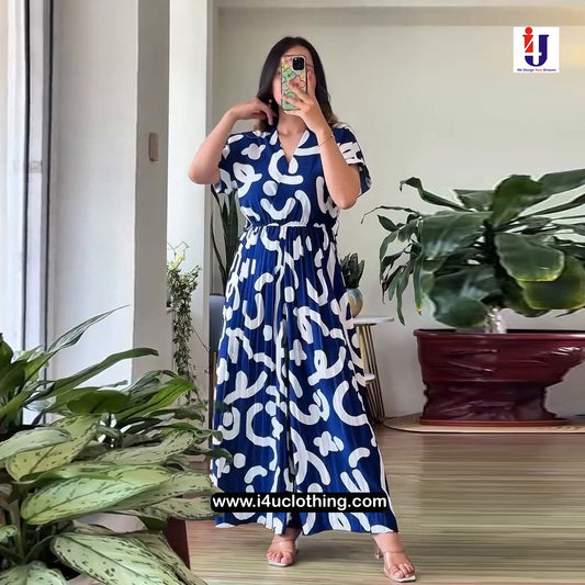 Navy Blue And White Abstract Printed Pleated Jumpsuit