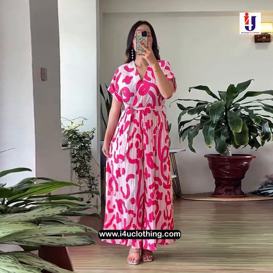 Pink And White Abstract Printed Pleated Jumpsuit