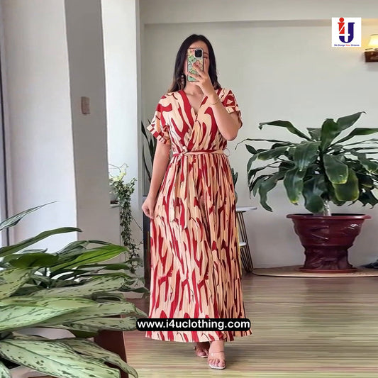 Beige And Red Abstract Flame Printed Pleated Jumpsuit