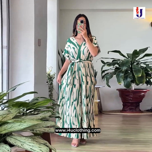 Ivory And Green Leafy Abstract Pleated Printed Jumpsuit