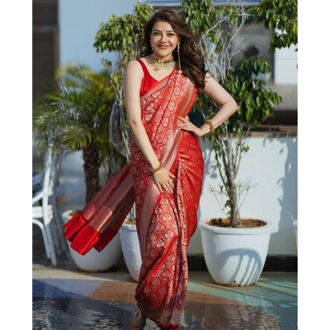 HOUSE OF BEGUM Katan Silk Red With Silver Zari Work with Blouse Piece –  F2FMART.com