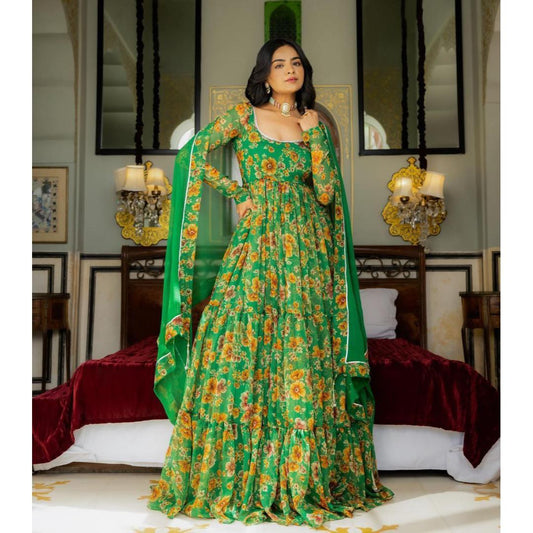 Green Faux Georgette Ruffle Printed Designer Long Kurti With Dupatta