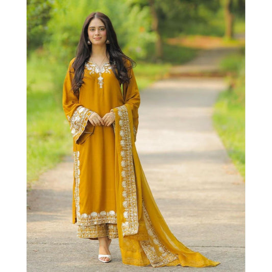 Mustard Embroidery Designer Salwar Suit Set