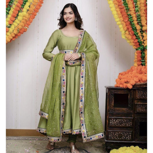 Green Chinon Silk Embroidery Worked Kurti Set