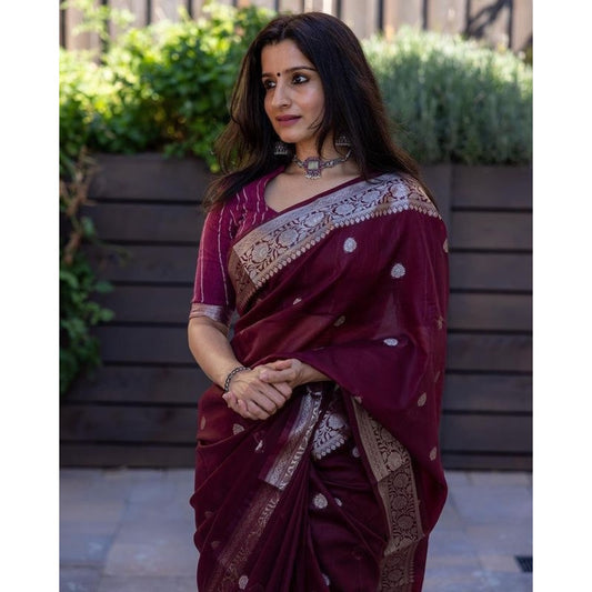 Burgundy With Silver Weaving Silk Saree
